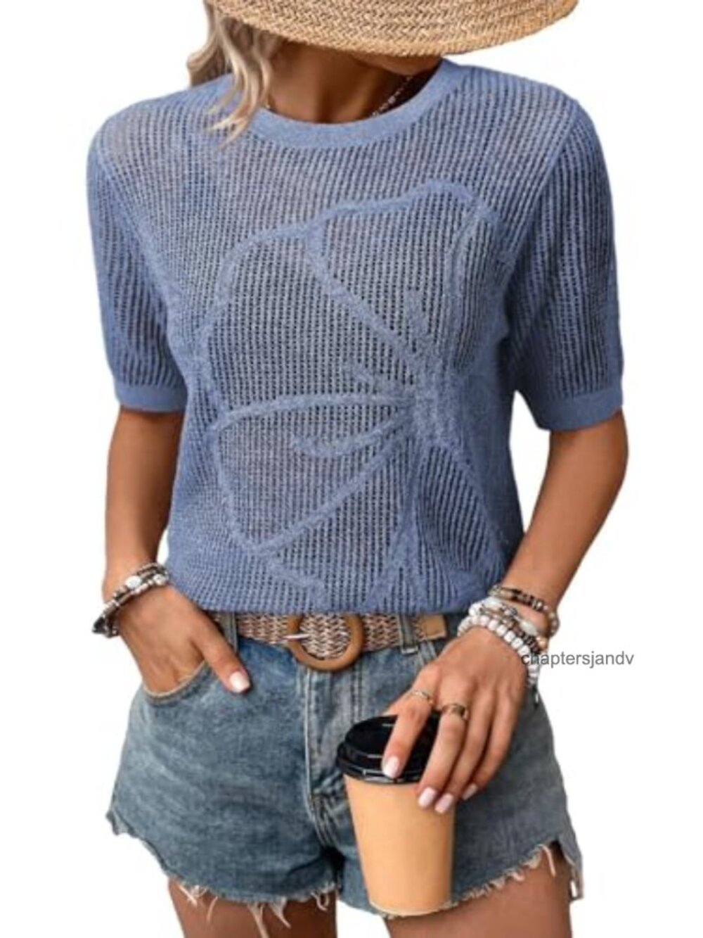 Crochet Hollow Out Floral Short Sleeve Sweater Boho Beach Vacation